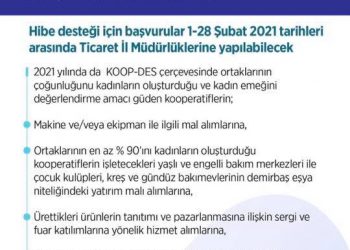 Kadın kooperatiflerimiz hibe desteği için başvurularını 1-28 Şubat’ta Ticaret Bakanlığı il müdürlüklerine yapabilecek.