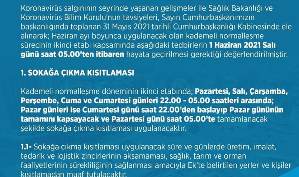 Haziran Ayı Normalleşme Tedbirleri Genelgesi kapsamında ⬇️