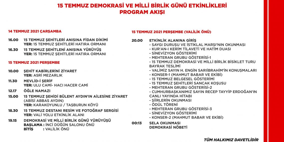 15Temmuz Demokrasi ve Milli Birlik Günü Etkinlikleri Programlarımıza tüm halkımız davetlidir.