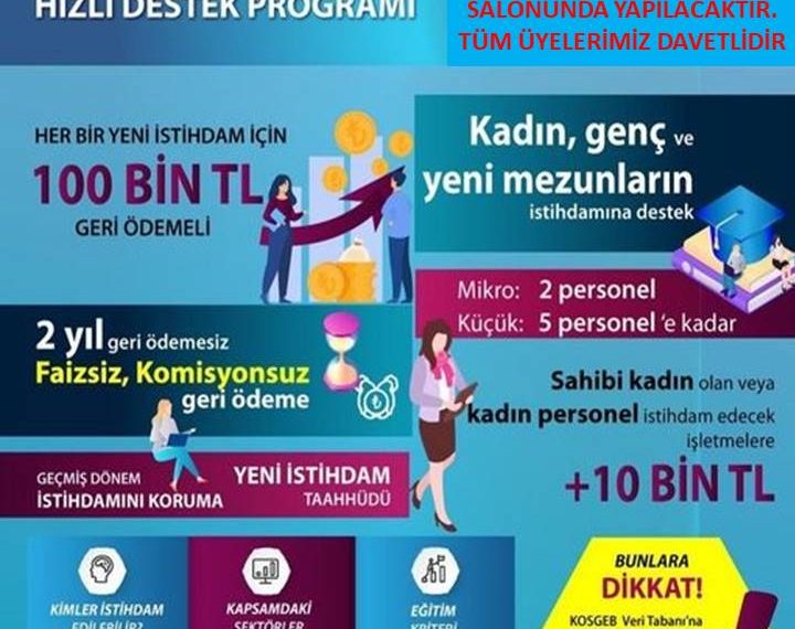 Mikro ve Küçük İşletmelere Hızlı Destek Programı ile ilgili bilgilendirme toplantısı 25/01/2022 saat 14:00 de Odamız toplantı salonunda yapılacaktır. Tüm üyelerimiz davetlidir