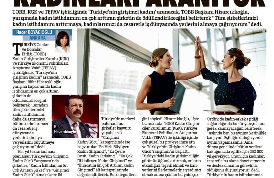 Kadın girişimcilerimizi “Türkiye’nin Girişimci Kadın Gücü” yarışmasına başvurmaya davet ediyoruz.