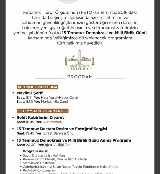 15 Temmuz Demokrasi ve Millî Birlik Günü Anma Programı Tüm halkımız davetlidir. #TürkiyeYüzyılınınKahramanları