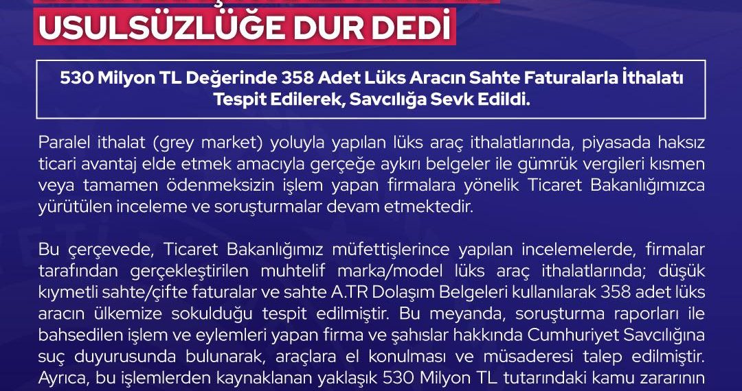 Ticaret Bakanlığı Lüks Araç İthalatındaki Usulsüzlüğe Dur Dedi
