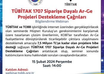 TÜBİTAK ve TOBB işbirliğinde 15 Şubat Perşembe 14:00’te gerçekleştirilecek “TÜBİTAK 1707 Siparişe Dayalı Ar-Ge Projeleri Destekleme Çağrıları Bilgilendirme Webinarı”na katılımınızı bekliyoruz. Detaylar için http://webinar.tobb.org.tr @TOBBiletisim @Tubitak @tubitakteydeb