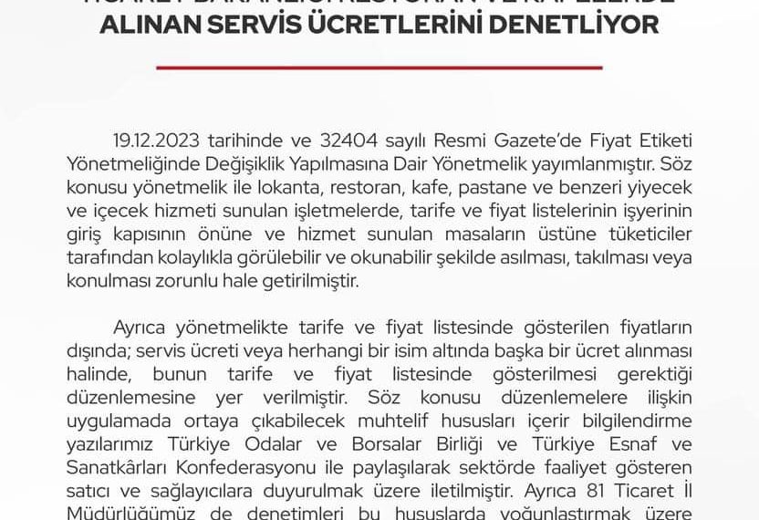 Ticaret Bakanlığı Restoran ve Kafelerde Alınan Servis Ücretlerini Denetliyor…