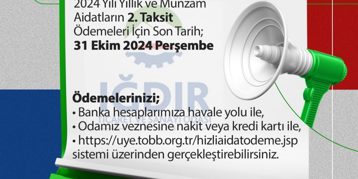 2024 Yılı Yıllık ve Munzam Aidatların 2. Taksit Ödemeleri İçin Son Tarih; 31 Ekim 2024 Perşembe Ödemelerinizi; Banka hesaplarımıza havale yolu ile, Odamız veznesine nakit veya kredi kartı ile, https://uye.tobb.org.tr//hizliaidatodeme.jsp sistemi üzerinden gerçekleştirebilirsiniz.