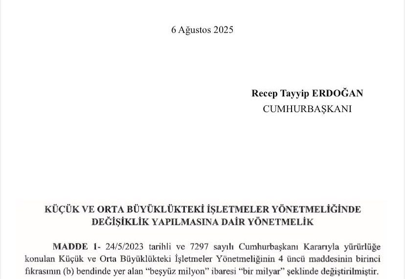 Uzun süredir iş dünyamızın gündeminde olan ve işletmelerimiz için büyük önem taşıyan KOBİ tanımı güncellenmiştir. Buna göre; bir işletmenin KOBİ sayılabilmesi için belirlenen yıllık net satış hasılatı veya mali bilanço üst sınırı 500 milyon TL’den 1 milyar TL’ye çıkarılmıştır.Ancak yıllık çalışan sayısının 250’den az olması şartı korunmuştur.İş dünyamızın taleplerine kulak vererek bu değişikliğin hayata geçirilmesinde katkı sunan sanayi ve teknoloji Bakanlığımız başta olmak üzere; TOBB’a ve emeği geçen herkese teşekkür ediyoruz.TOBB | Türkiye Odalar ve Borsalar BirliğiM.Rifat Hisarcıklıoğlu